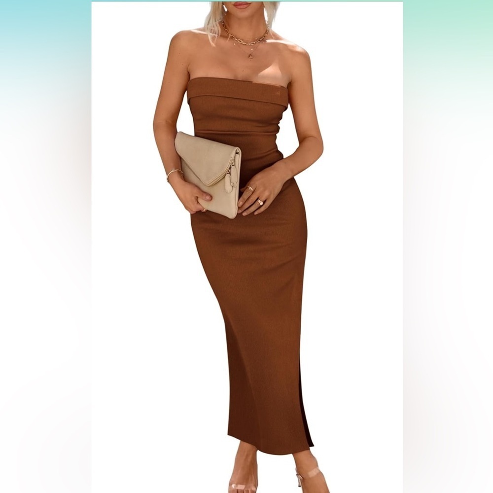 Womens Bodycon Maxi Dress Ribbed Strapless Going Out Red Brown Tight Size Small